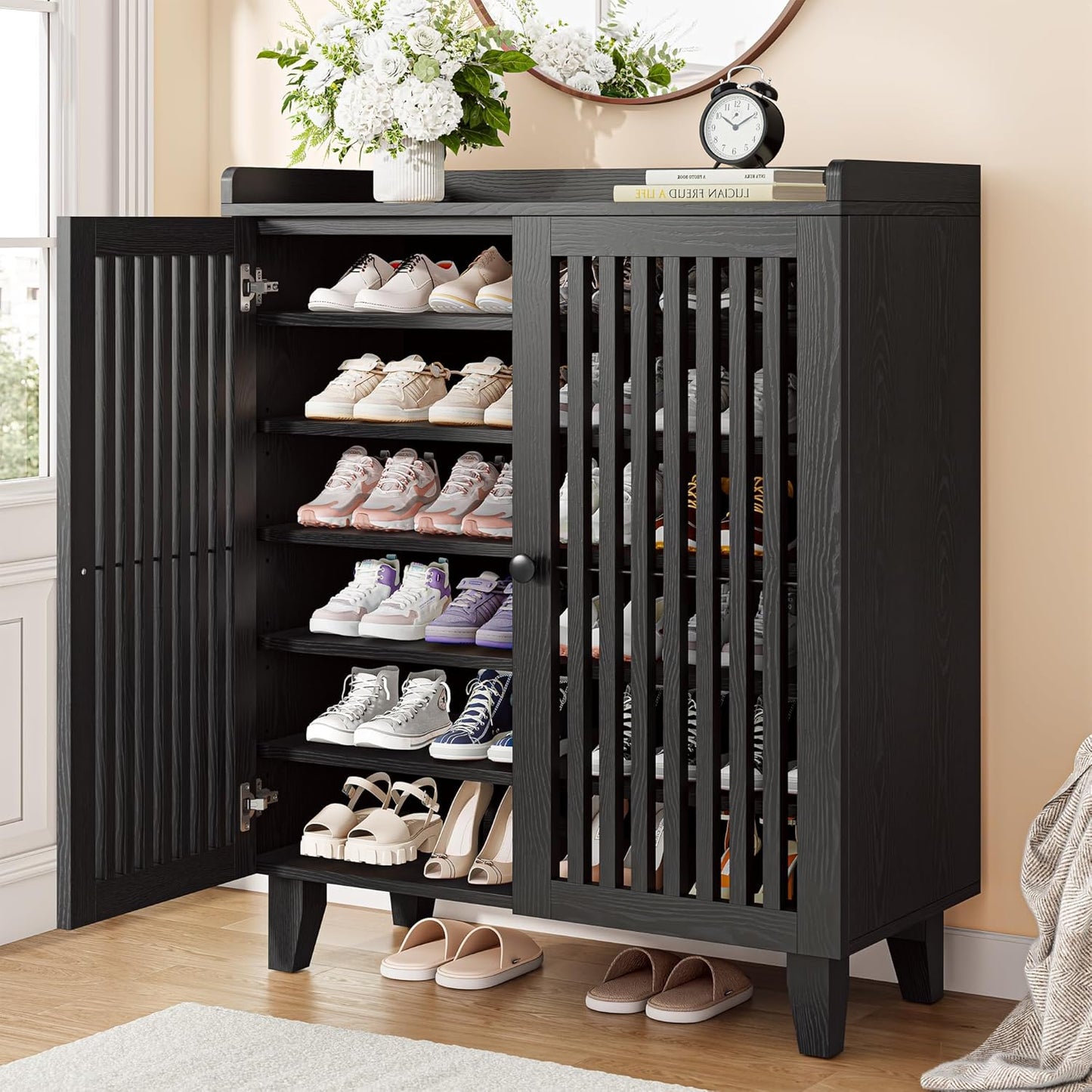 IRONCK 6-Tier Wooden  Shoe Cabinet with Slatted Doors