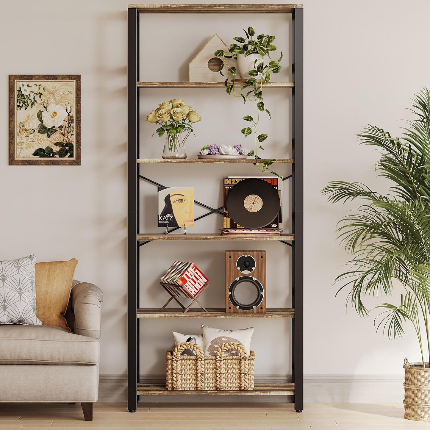 IRONCK Bookshelf, 31.5in Wide Shelf 6 Tier Bookcase,shelf Vintage Industrial Style Bookshelves