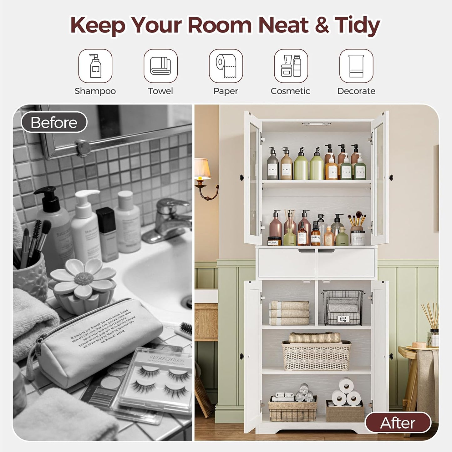 IRONCK 67" Tall Bathroom Storage Cabinet, with Glass Doors and Shelves,  White