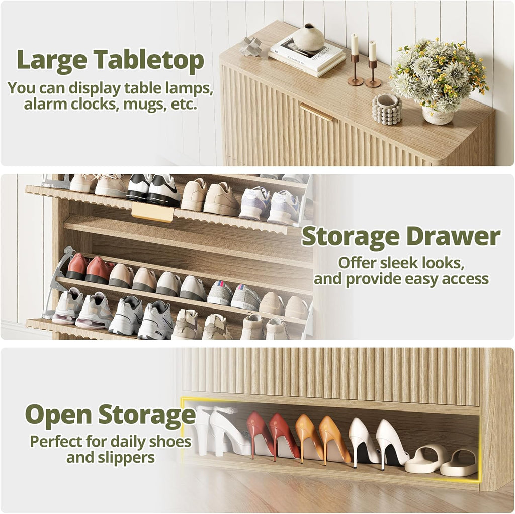 IRONCK Fluted Shoe Cabinet Storage with 2 Flip Drawers