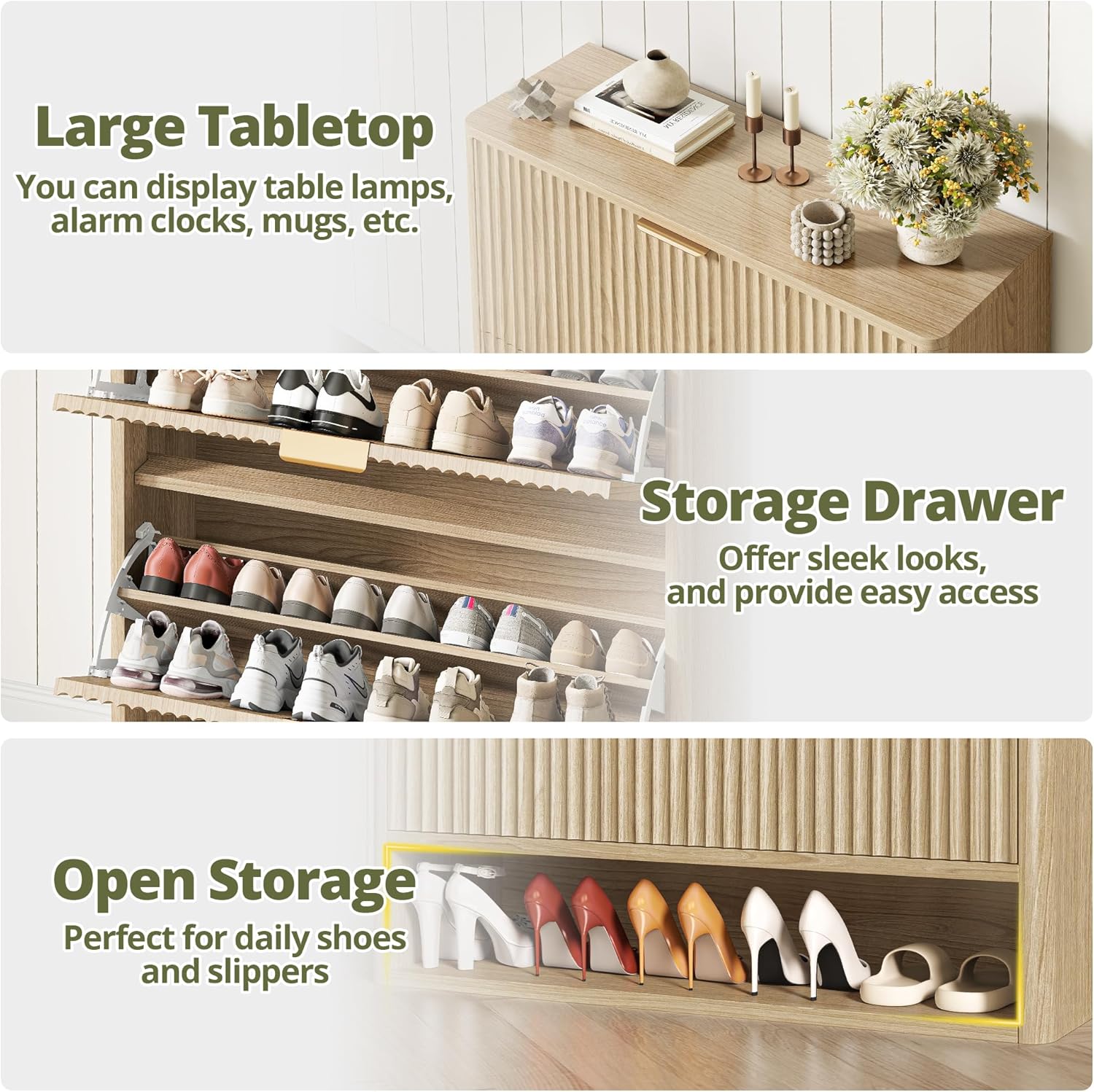 IRONCK Fluted Shoe Cabinet Storage with 2 Flip Drawers