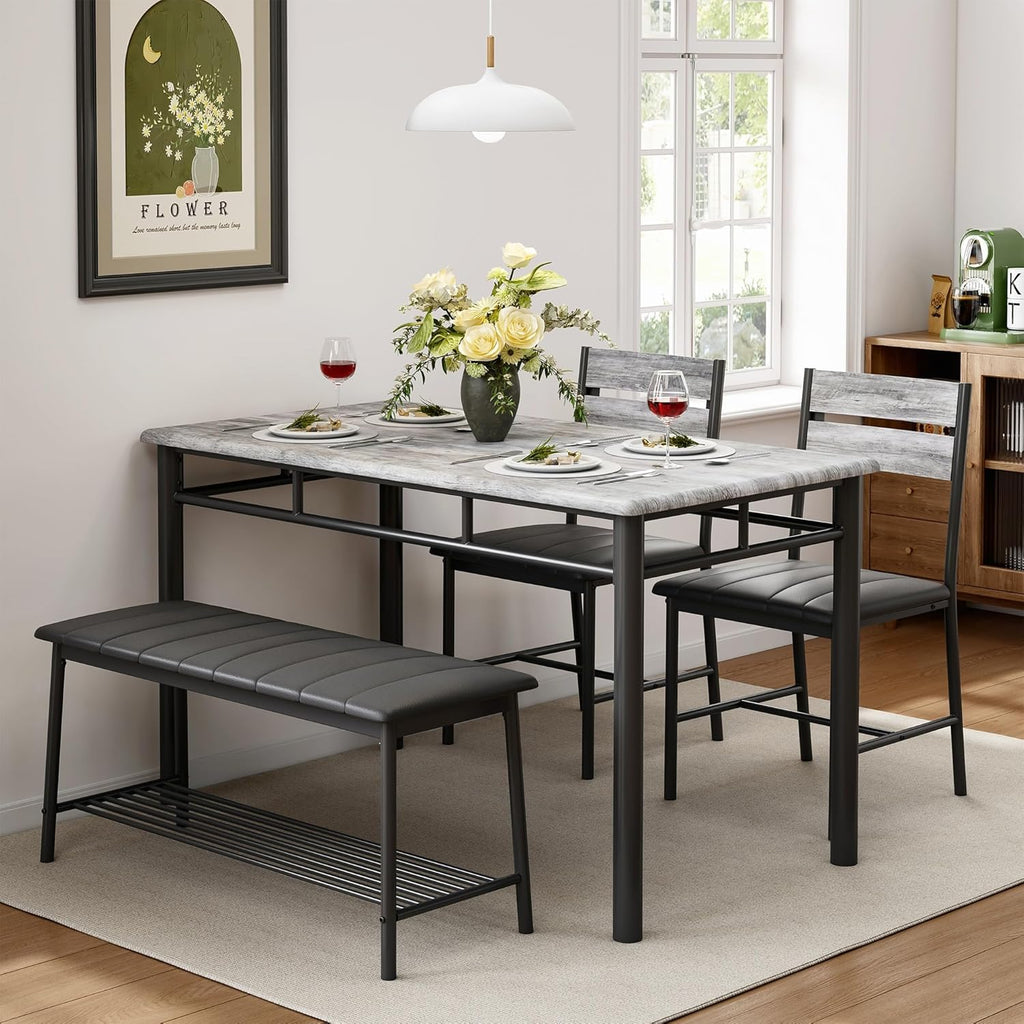 IRONCK Dining Table Set for 4, with Upholstered Bench and 2 Chairs