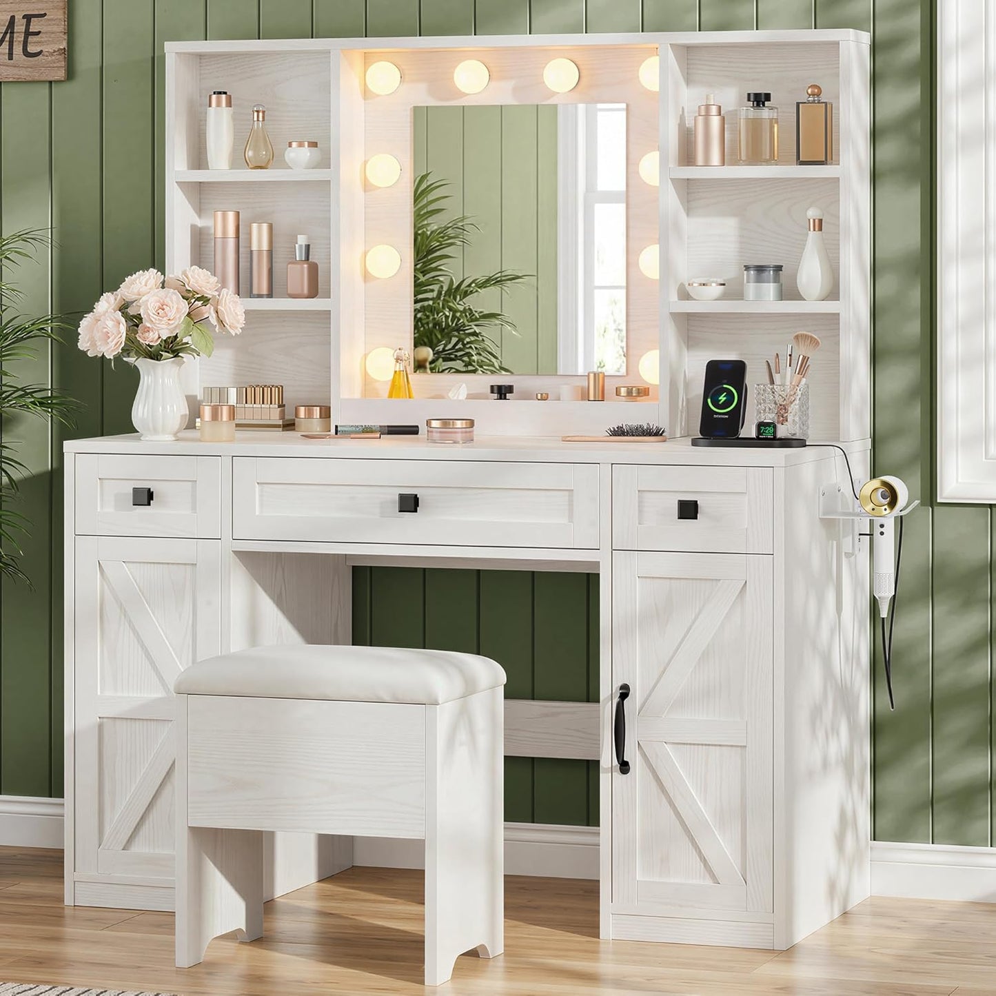 IRONCK White Vanity Desk with Adjustable 3 LED Modes, Stool Included
