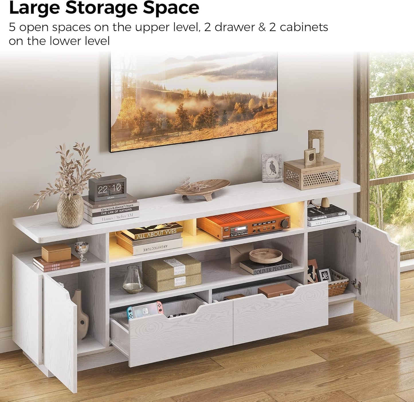 IRONCK TV Stand for TVs 85 inch with Power Outlet and LED Lights, White