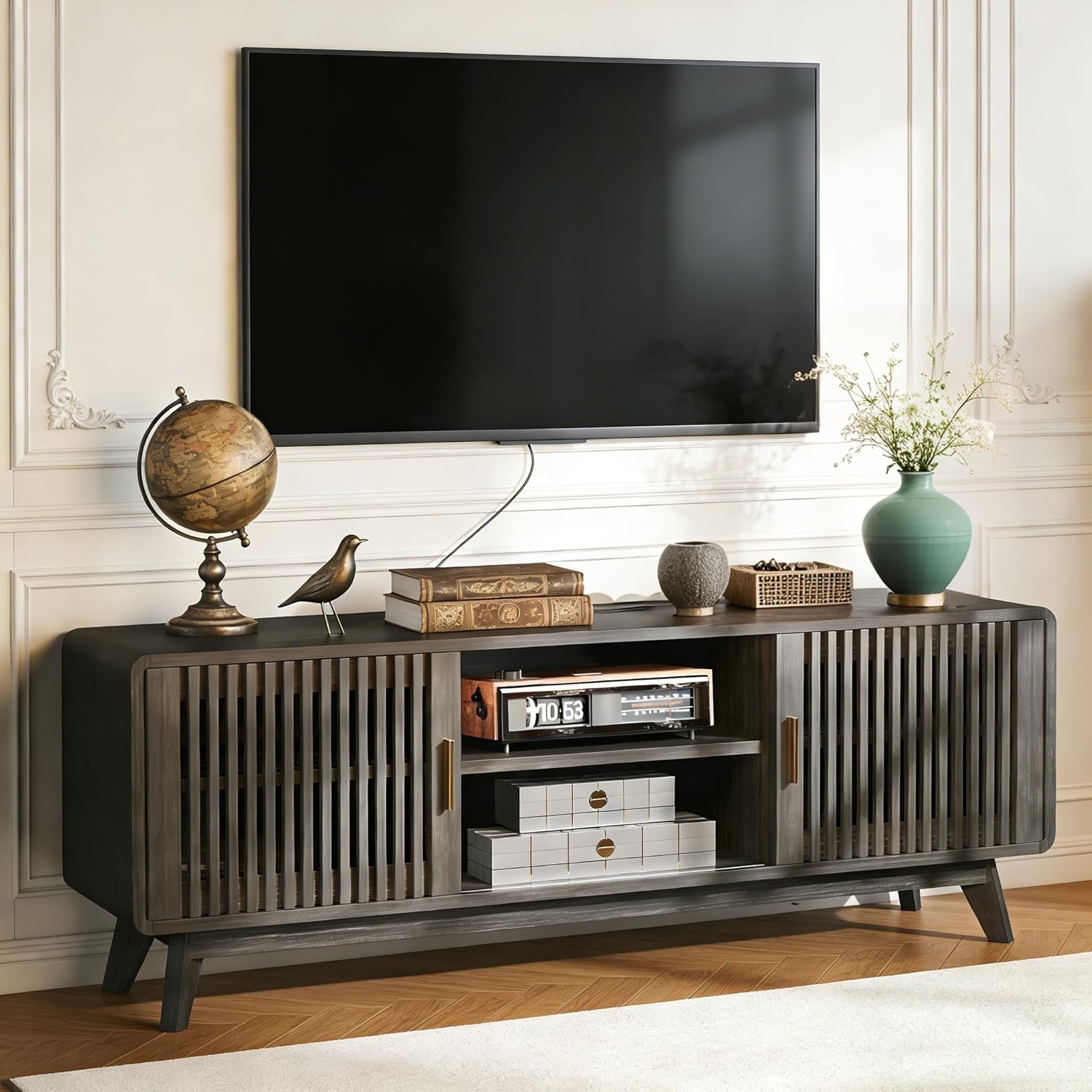 IRONCK Modern TV Stand for 70 inch TV, Entertainment Center with Storage and 2 Sliding Doors, Adjustable Shelves, TV Console with Charging Station for Bedroom, Living Room (Grey Walnut)