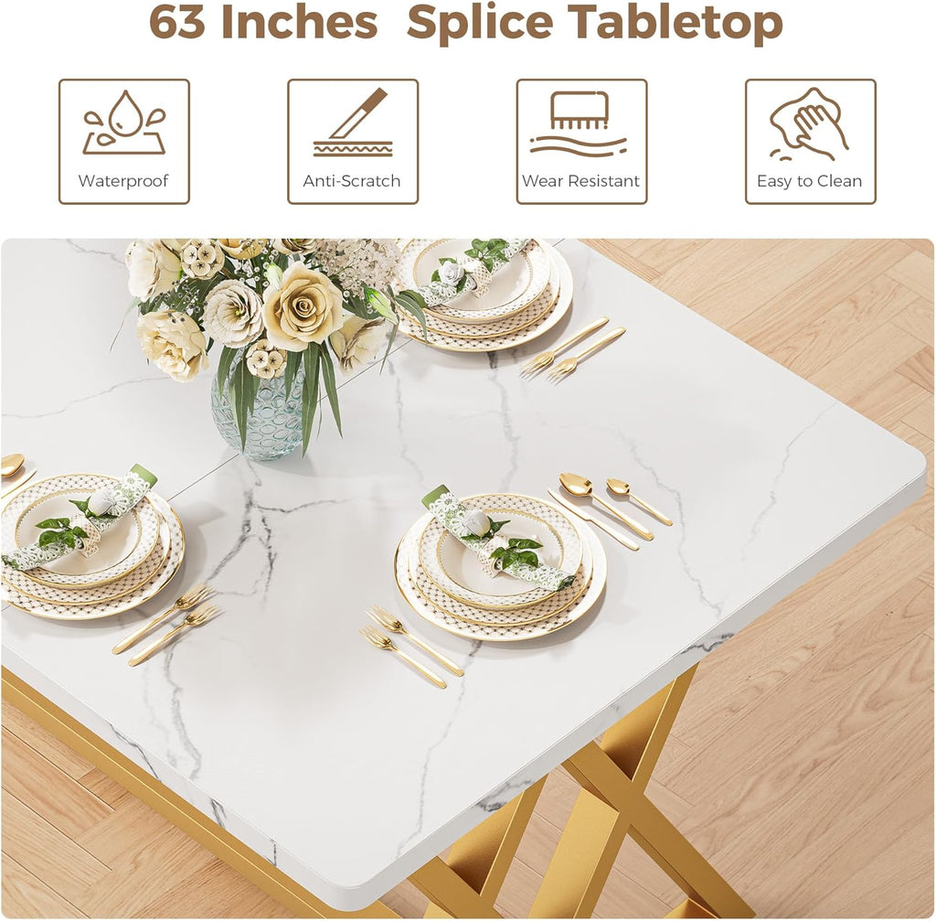IRONCK 63" Dining Table for 4-6,  with Sturdy Metal Frame-White