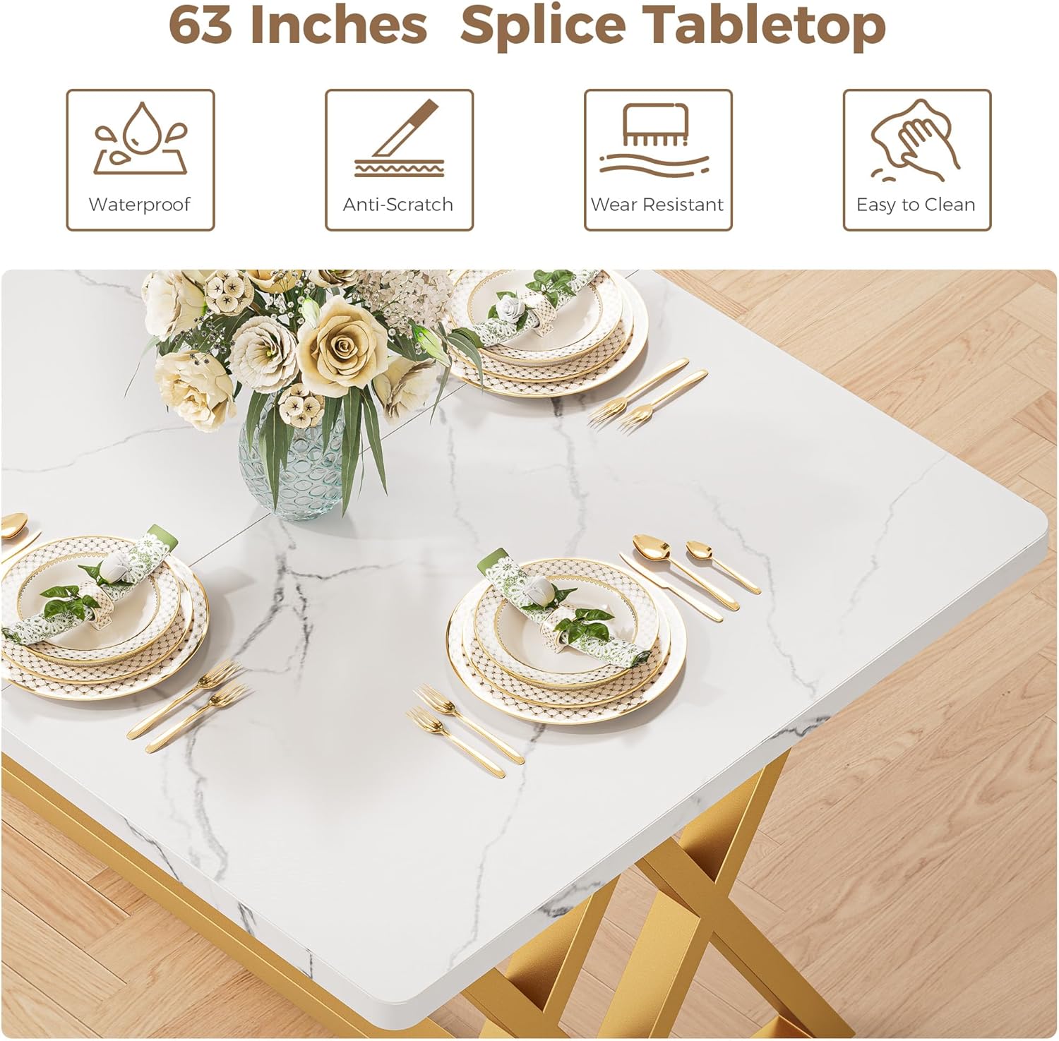 IRONCK 63" Dining Table for 4-6,  with Sturdy Metal Frame-White