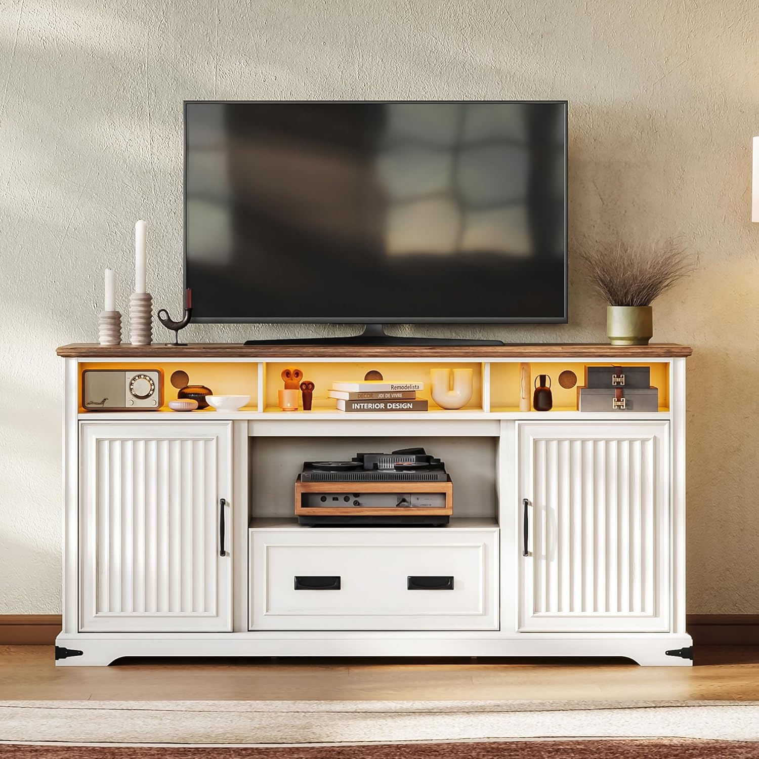 IRONCK TV Stand for 75+ Inch TV, Entertainment Center with Sliding Doors and Storage, White