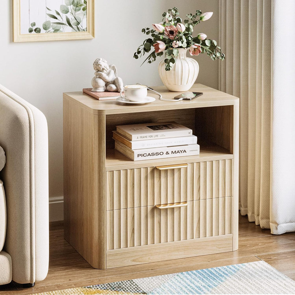 IRONCK Fluted Night Stand Set of 2, with Charging Station, Drawers and Open Shelves, Oak