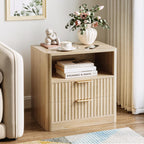 IRONCK Fluted Night Stand Set of 2, with Charging Station, Drawers and Open Shelves, Oak
