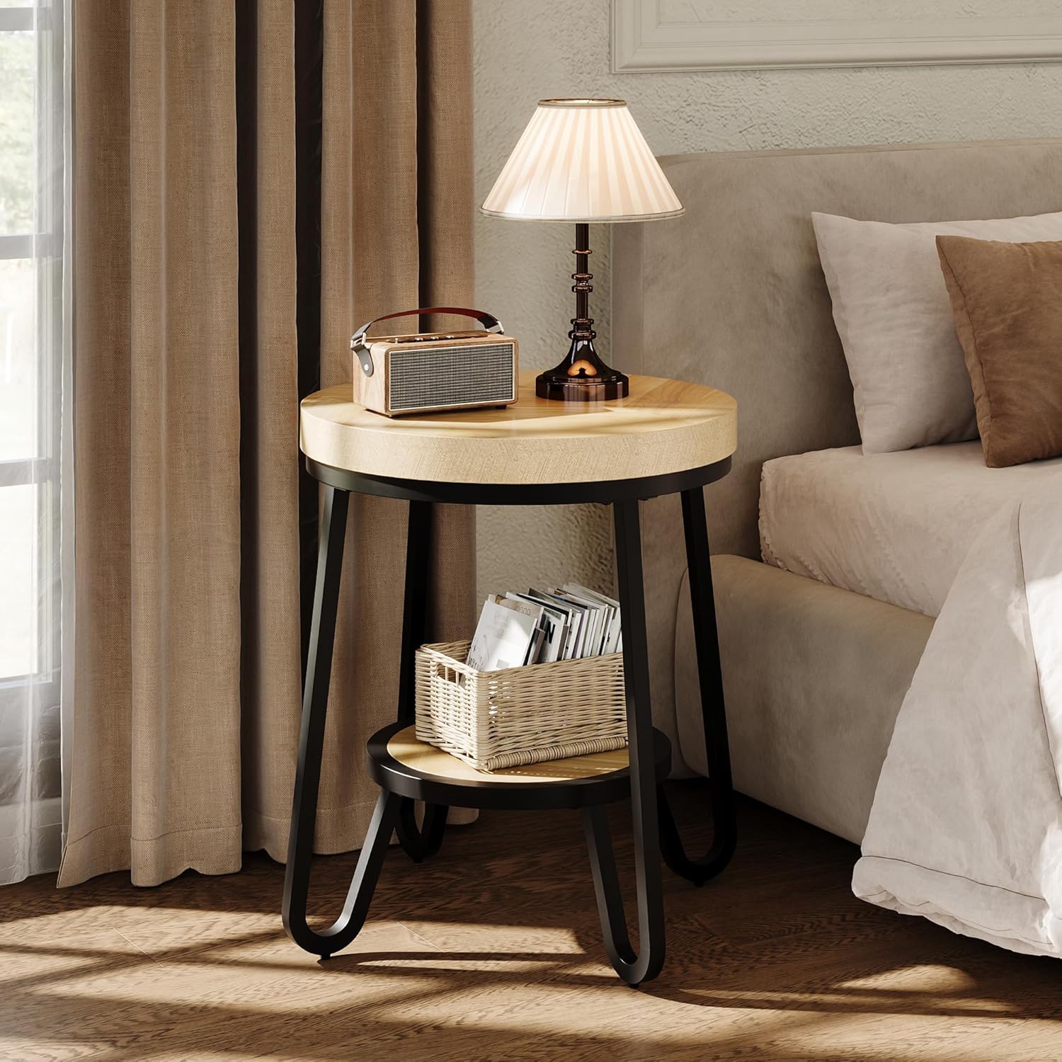 IRONCK 19.7" 2 Tier Round Side Table, Curved Metal Legs, Light Brown