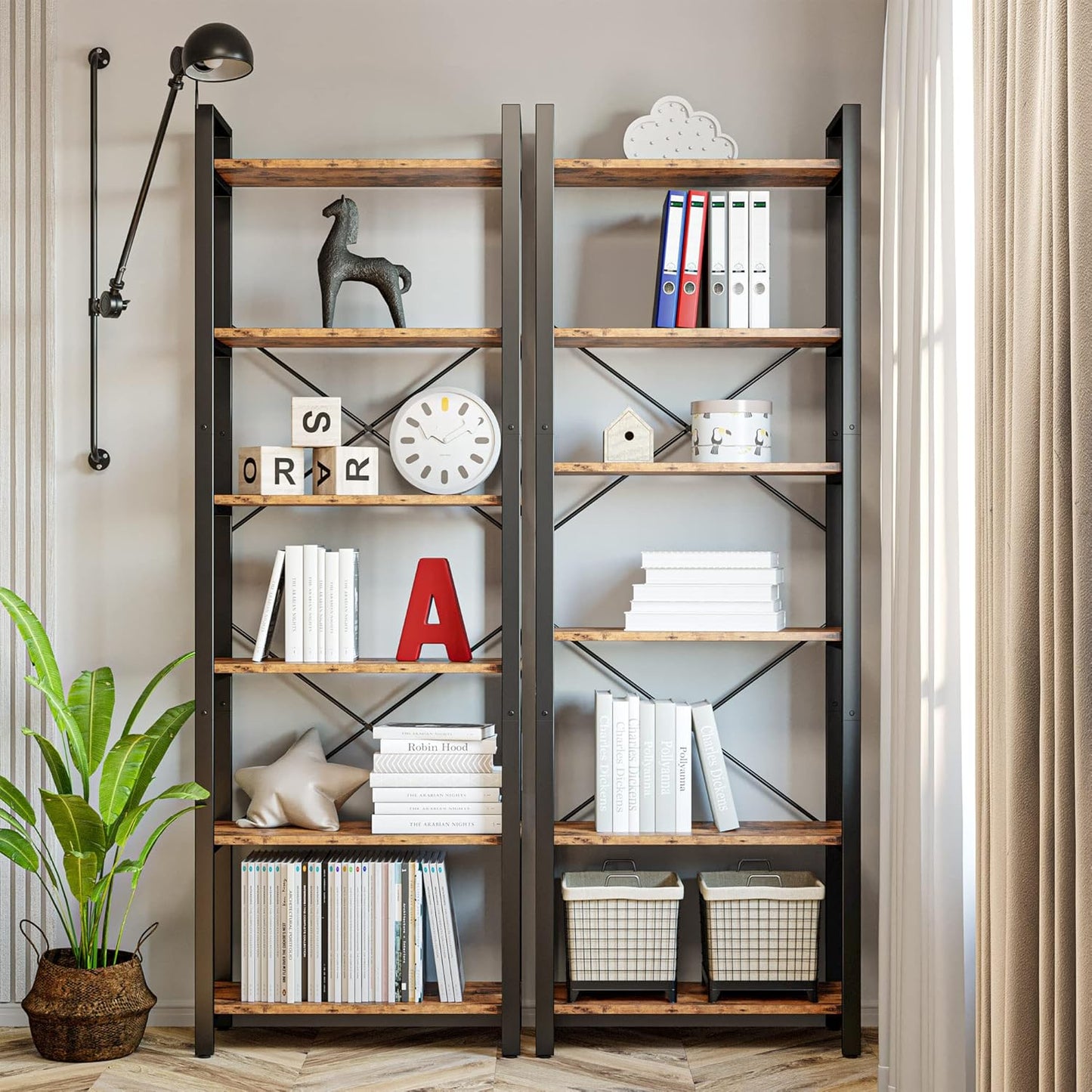 7 Furniture Bookshelf 6-Tier Ladder Shelf 110lbs Display Shelf Vintage Industrial Style Bookcase for Home Office, Living Room
