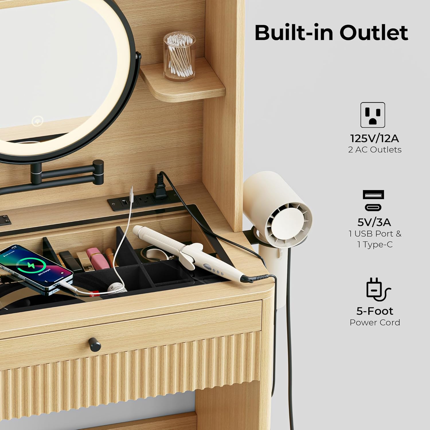 IRONCK Small Vanity Desk with Adjustable Makeup Mirror and LED Lights