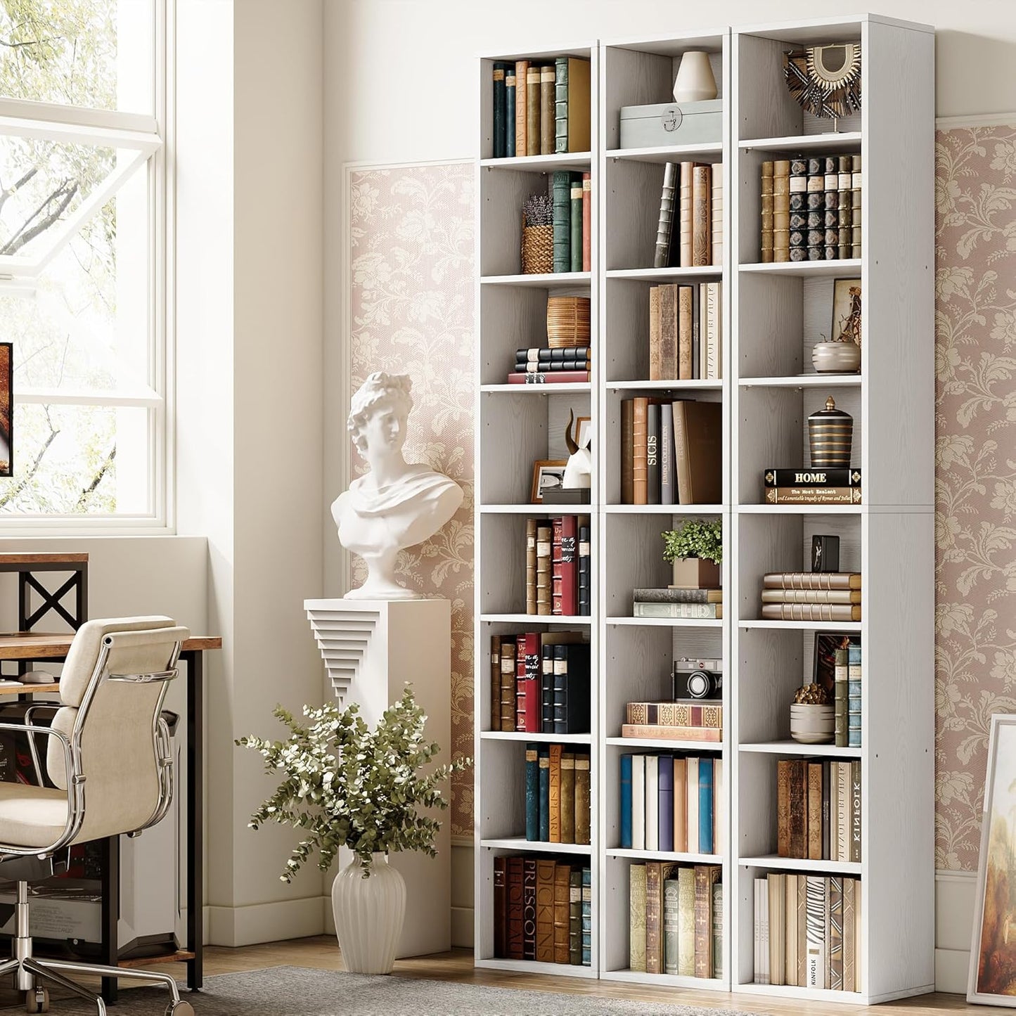 7 Furniture Tall Narrow Bookshelf 8 Tiers, Compact Corner Bookcase, Easy to Match for Living Room, Office, Study, Bedroom, White