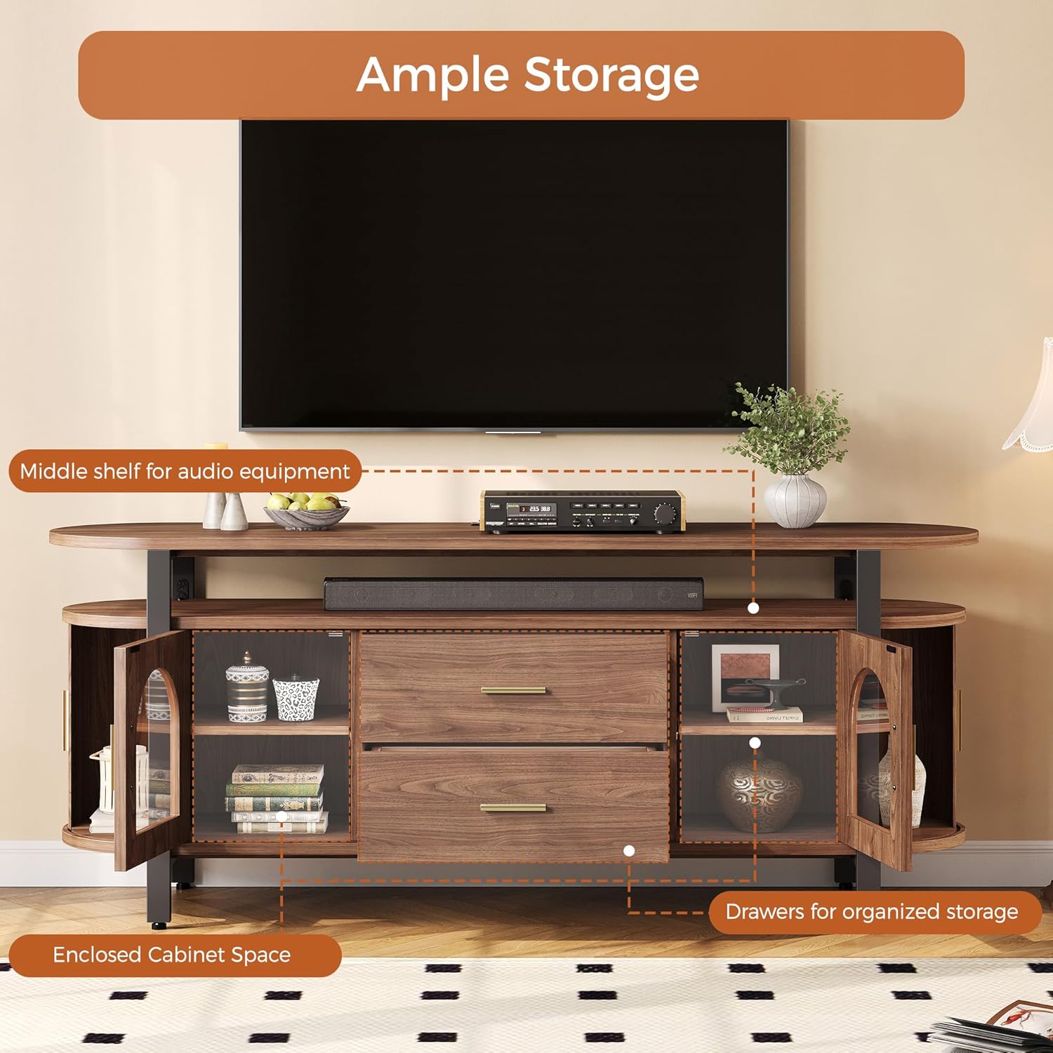 IRONCK 63" TV Stand with Storage Drawer and Sliding Door