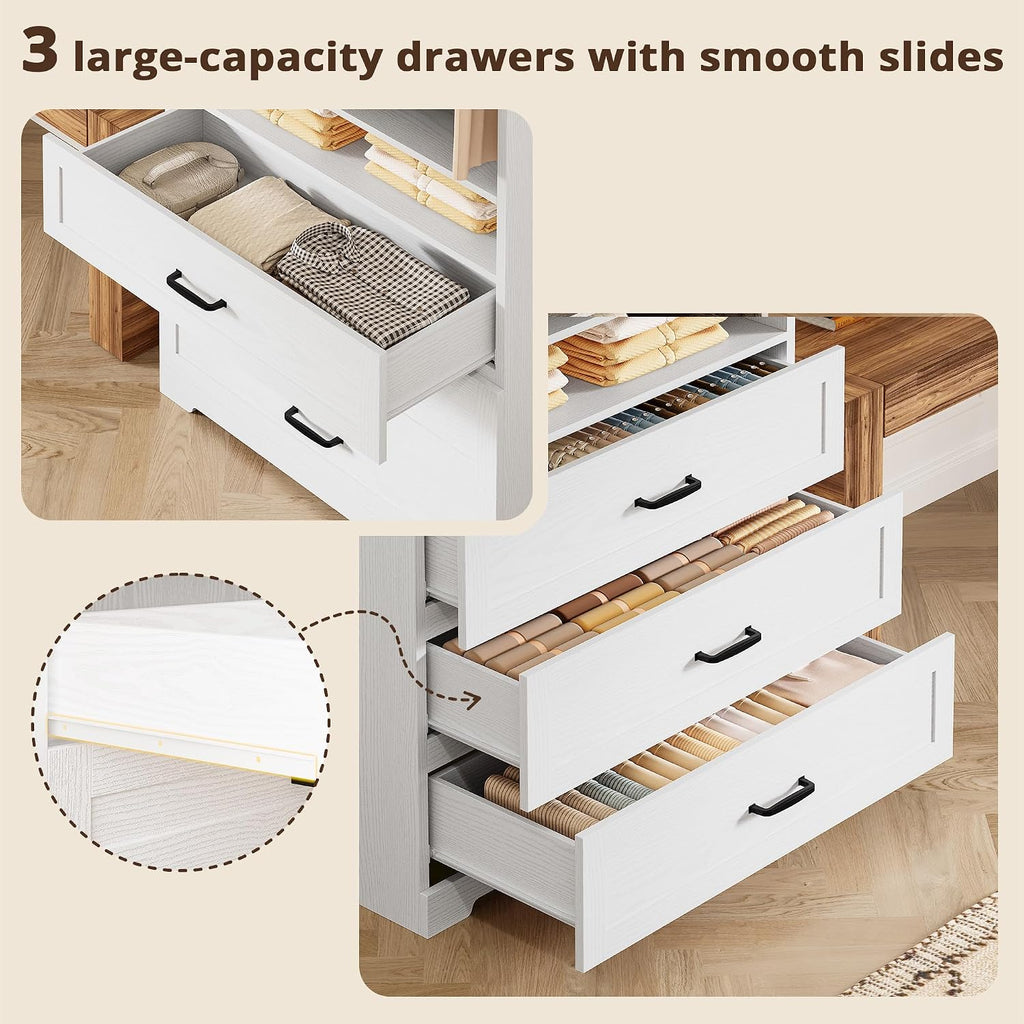 IRONCK Freestanding Closet System with Adjustable Shelves & 3 Drawers | Closet Organizer with Hanging Rod, Ideal for Bedrooms, Apartments and Small Closet Storage, 31.5" White