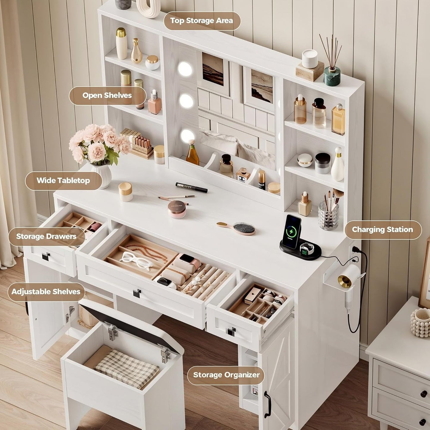 IRONCK White Vanity Desk with Adjustable 3 LED Modes, Stool Included