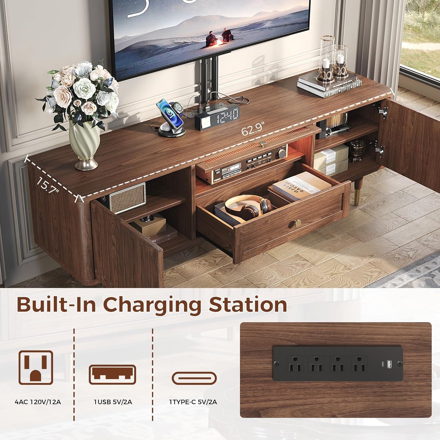 IRONCK TV Stand for 70 Inch TV, LED Lighting and Charging Station, Walnut
