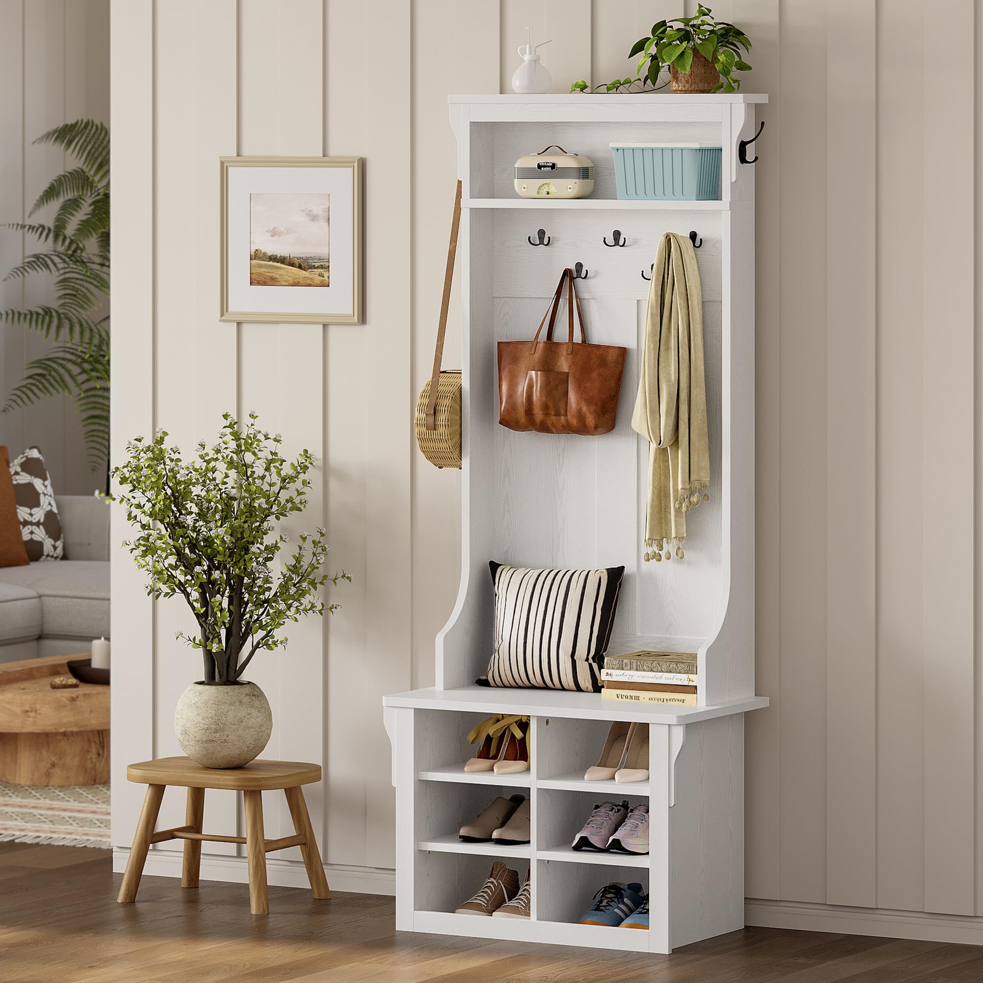 IRONCK Hall Tree with Bench and Shoe Storage, Coat Rack, Adjustable Shelf, Black