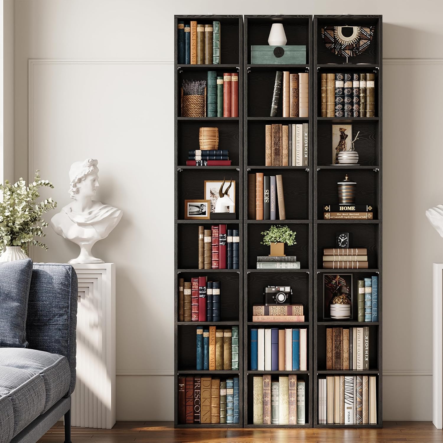IRONCK Tall Narrow Bookshelf 8 Tiers, Compact Corner Bookcase, Easy to Match for Living Room, Office, Study, Bedroom, Vintage Black
