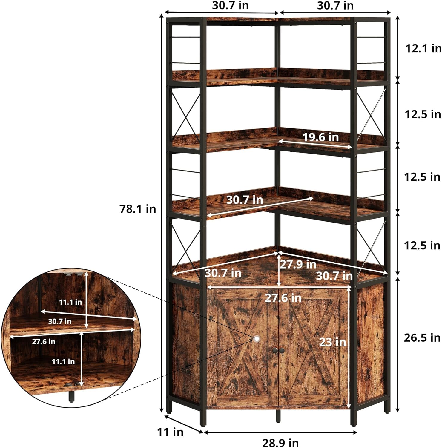 IRONCK Bookshelves 6 Tiers, Corner Bookshelf with Baffles, Industrial Display Bookshelf for Living Room, Kitchen