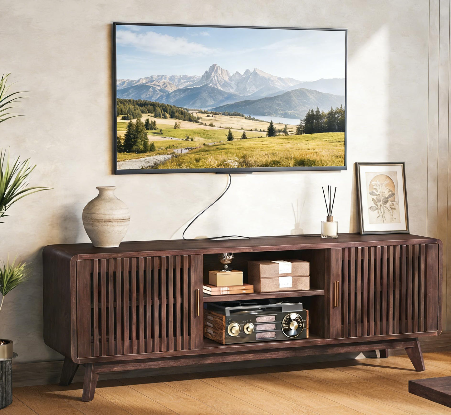 IRONCK Modern TV Stand for 70 inch TV, Entertainment Center with Storage and 2 Sliding Doors, Adjustable Shelves, TV Console with Charging Station for Bedroom, Living Room (Grey Walnut)