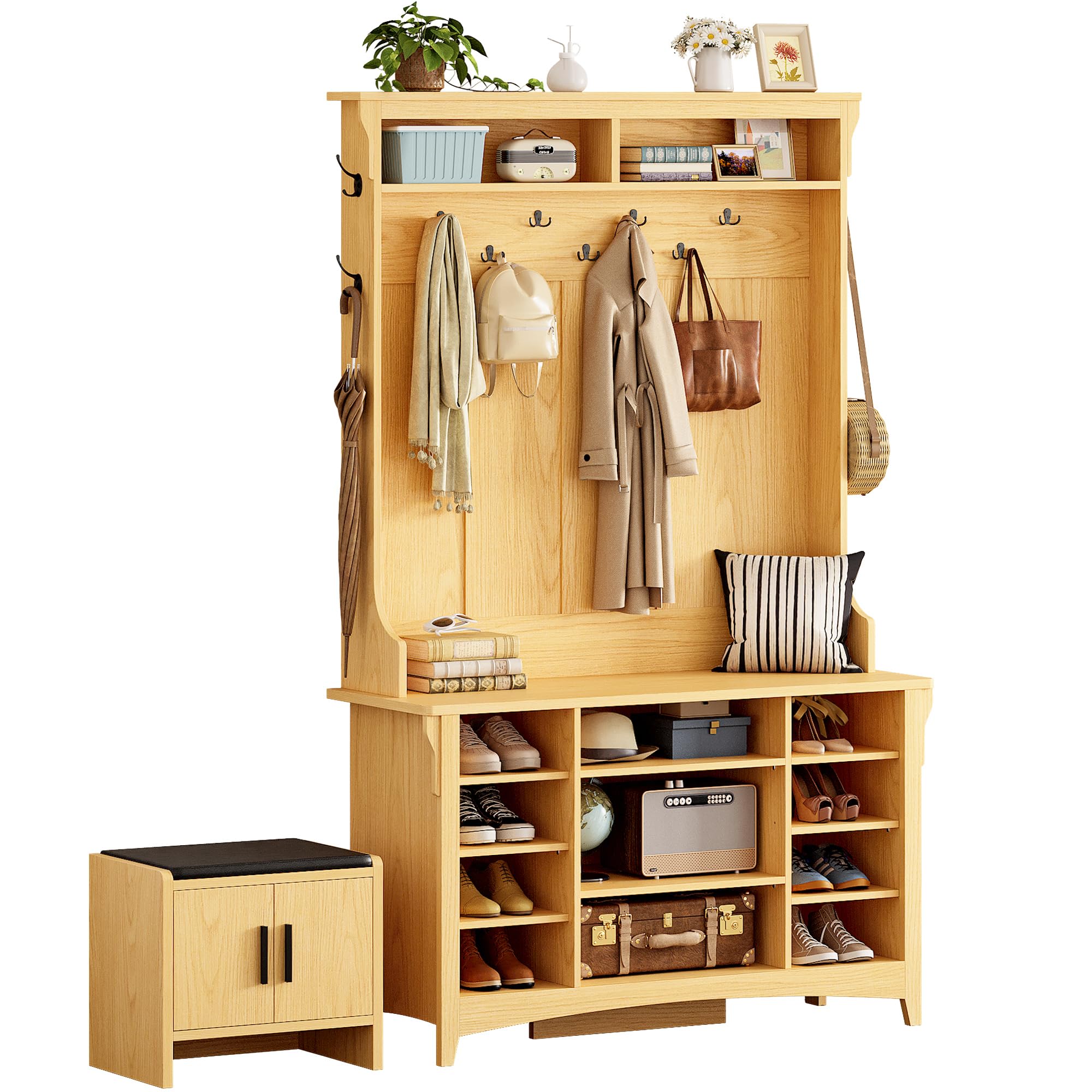 IRONCK Hall Tree with Bench and Shoe Storage, Coat Rack, Adjustable Shelf, Black