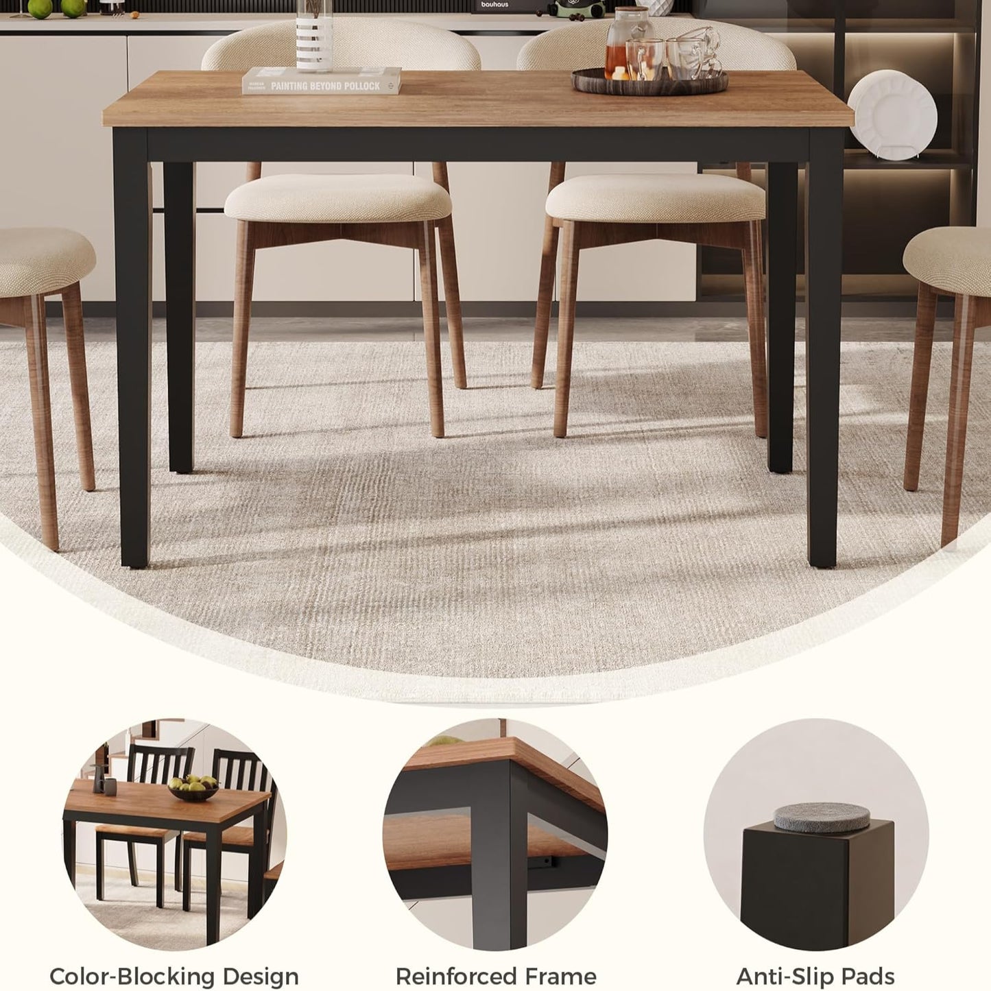 7 Furniture Solid Wood Dining Table for 4, 45 Inch Rectangular Kitchen Table (Only Table)
