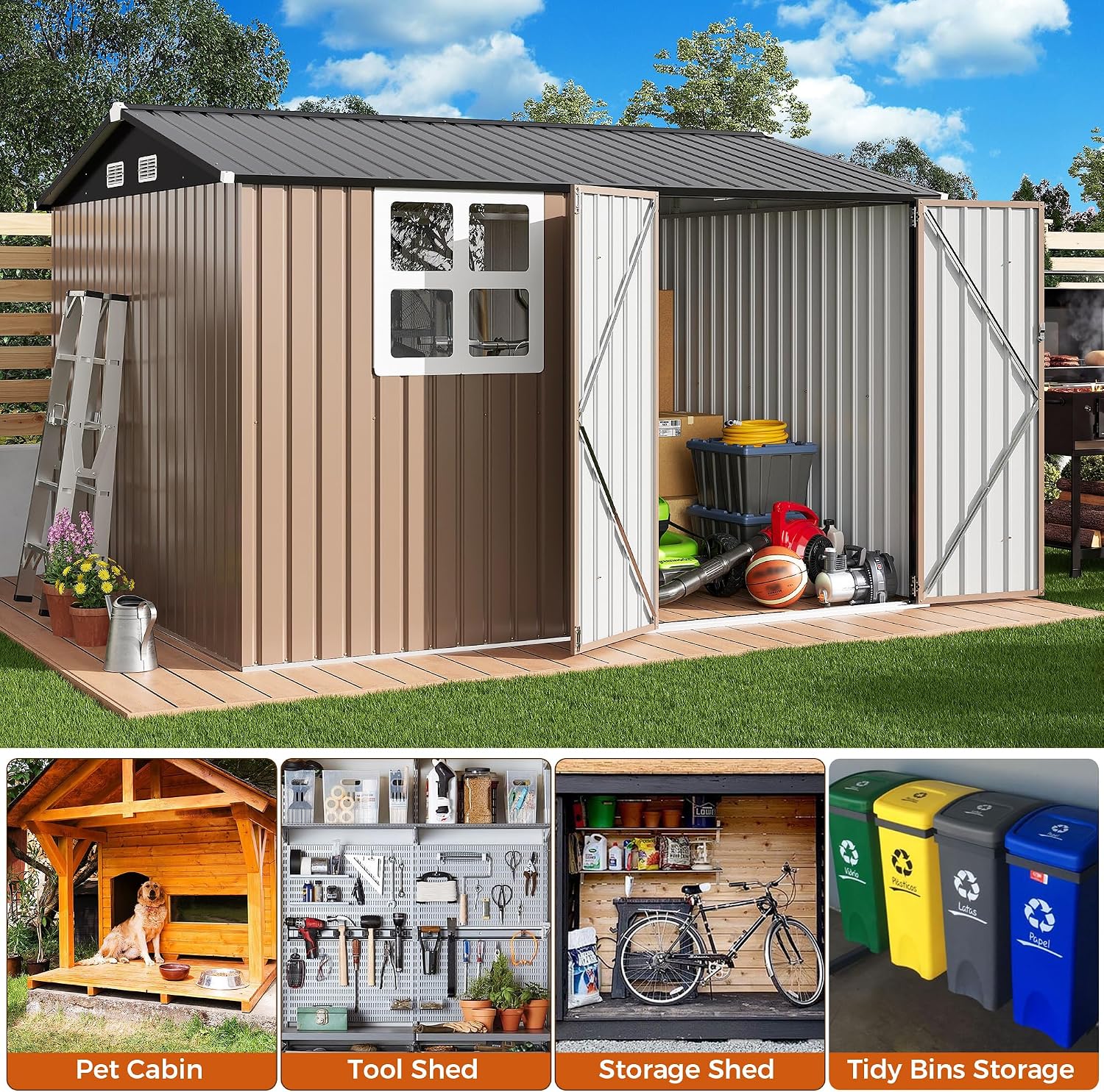 IRONCK 10x8.2FT Outdoor Storage Shed with Clear Window, Tool Shed, Brown Lockable Doors, Breathable Ventilation, 9.5x8 FT Base, Outdoor Shed For Generators/Bikes/Wheelbarrows