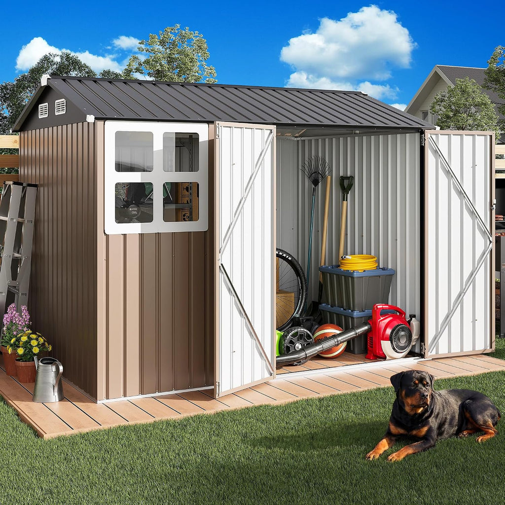 IRONCK 8x6FT Outdoor Storage Shed with Clear Window, Outdoor Shed, Brown Breathable Vent, Lockable Doors, Metal Garden Storage, Tool Shed, For Poolside, Patio, Backyard