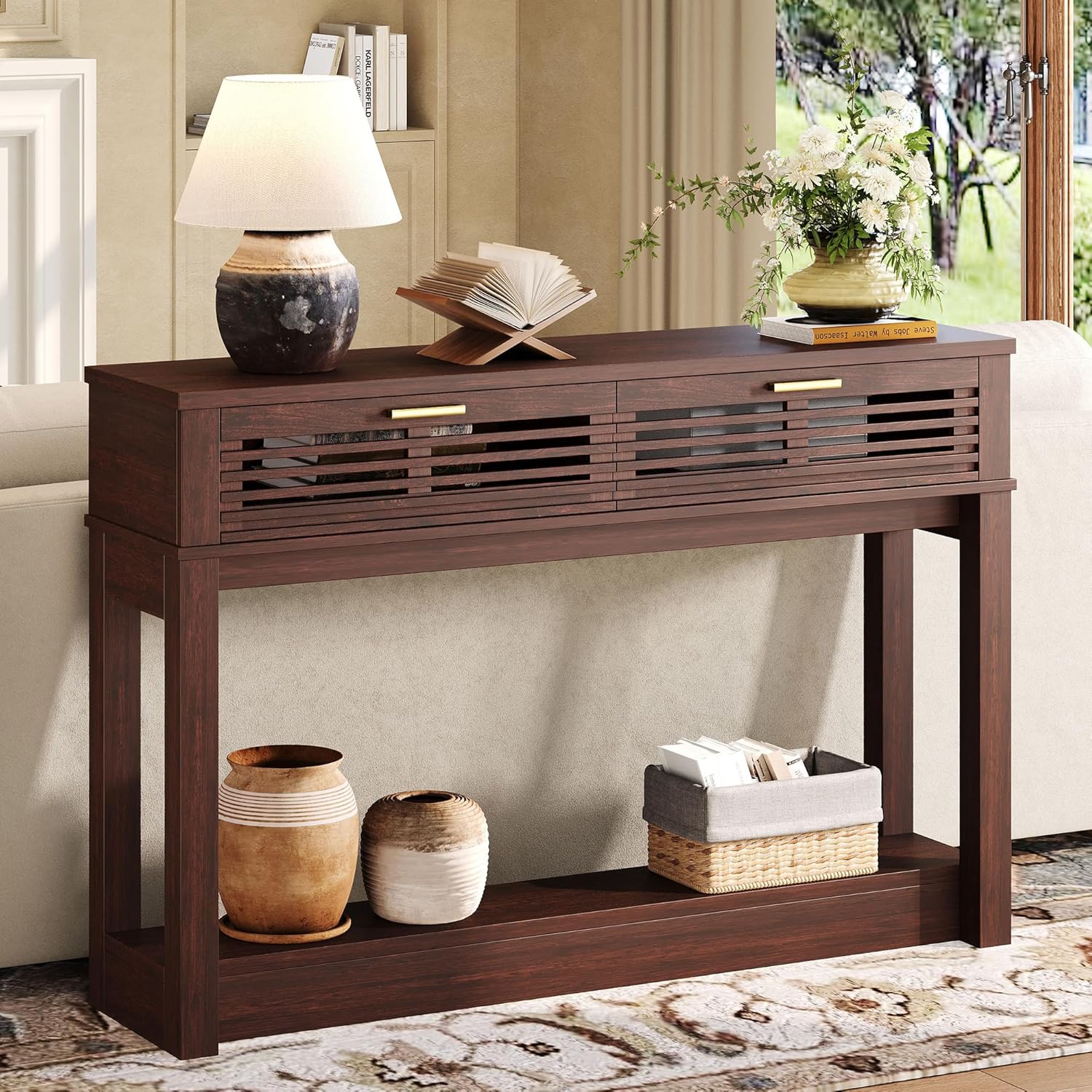 IRONCK 47"  Console Table with Drawer for Living Room, Red Walnut