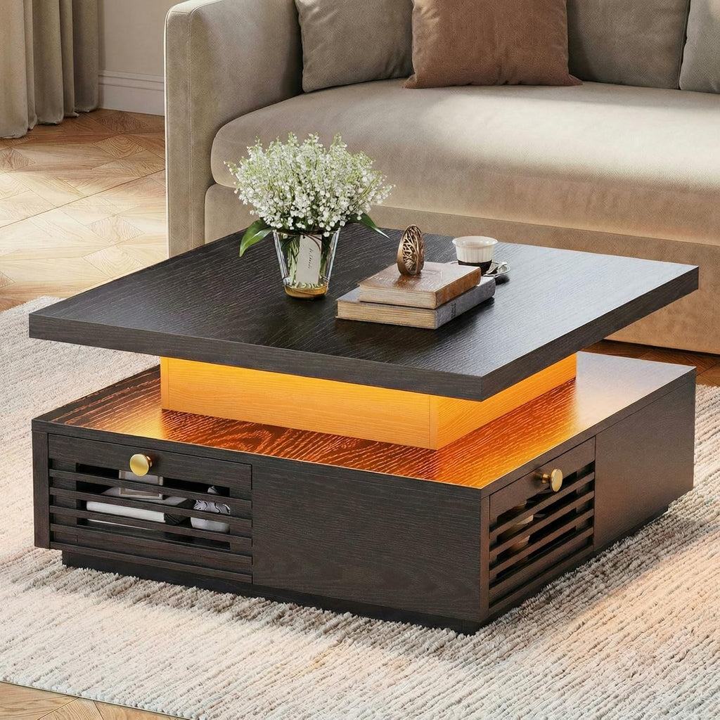 IRONCK Coffee Table with LED Light and Charging Station, 4 Storage Drawers