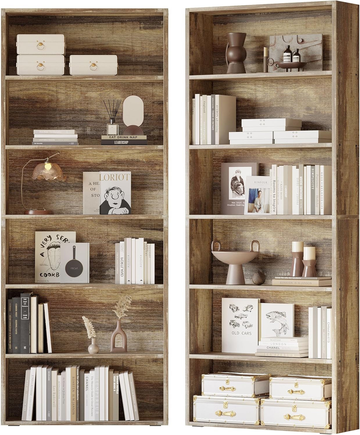 IRONCK Bookshelf and Bookcases 70" Tall, 6 Tiers Display Storage Shelves | Bookshelves Set of 2, Wood Bookcase with Open Display Shelves for Home Office, Living Room, Library, Vintage Brown