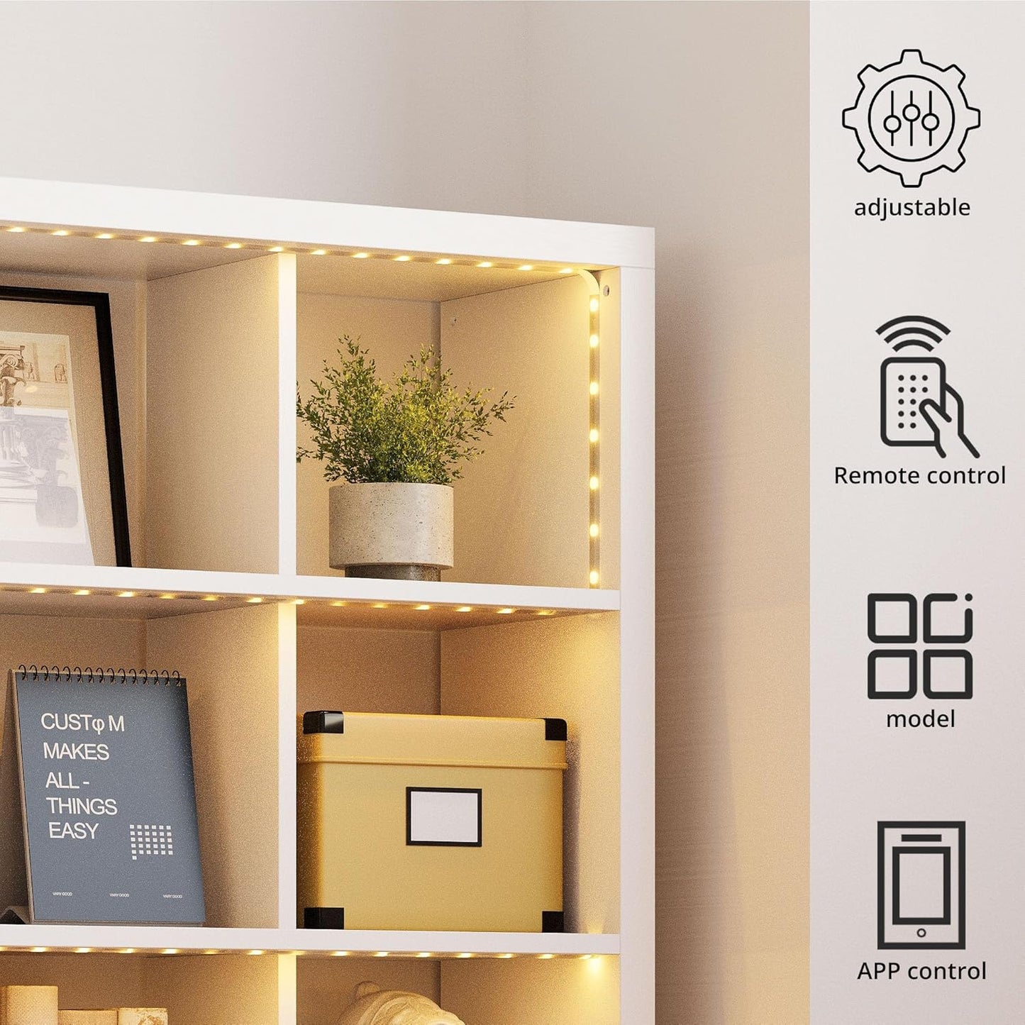 15-Cube Bookcase Organizer with LED Lights - 5-Tier Display Shelves, Versatile Use (White)