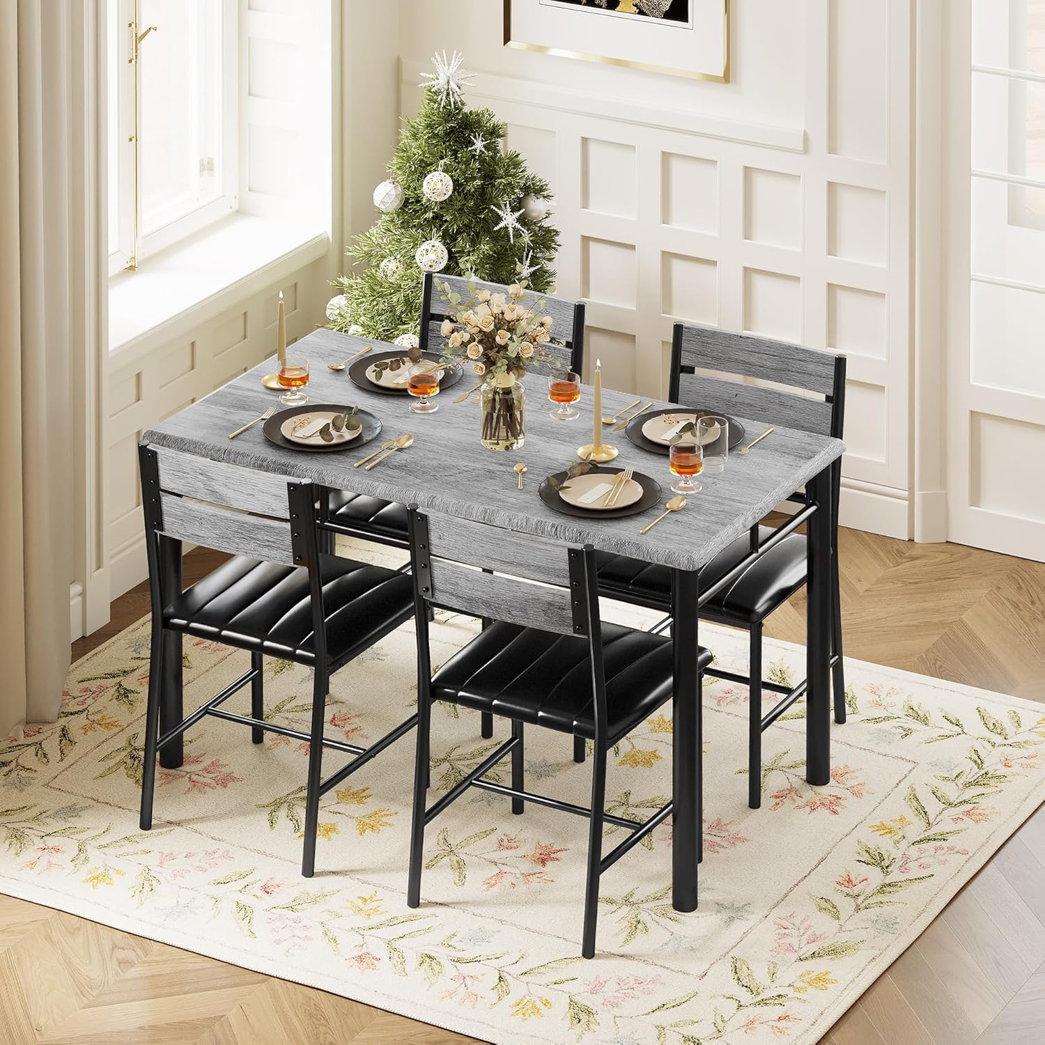 IRONCK Dining Table Set for 4, with Upholstered Chairs, Grey