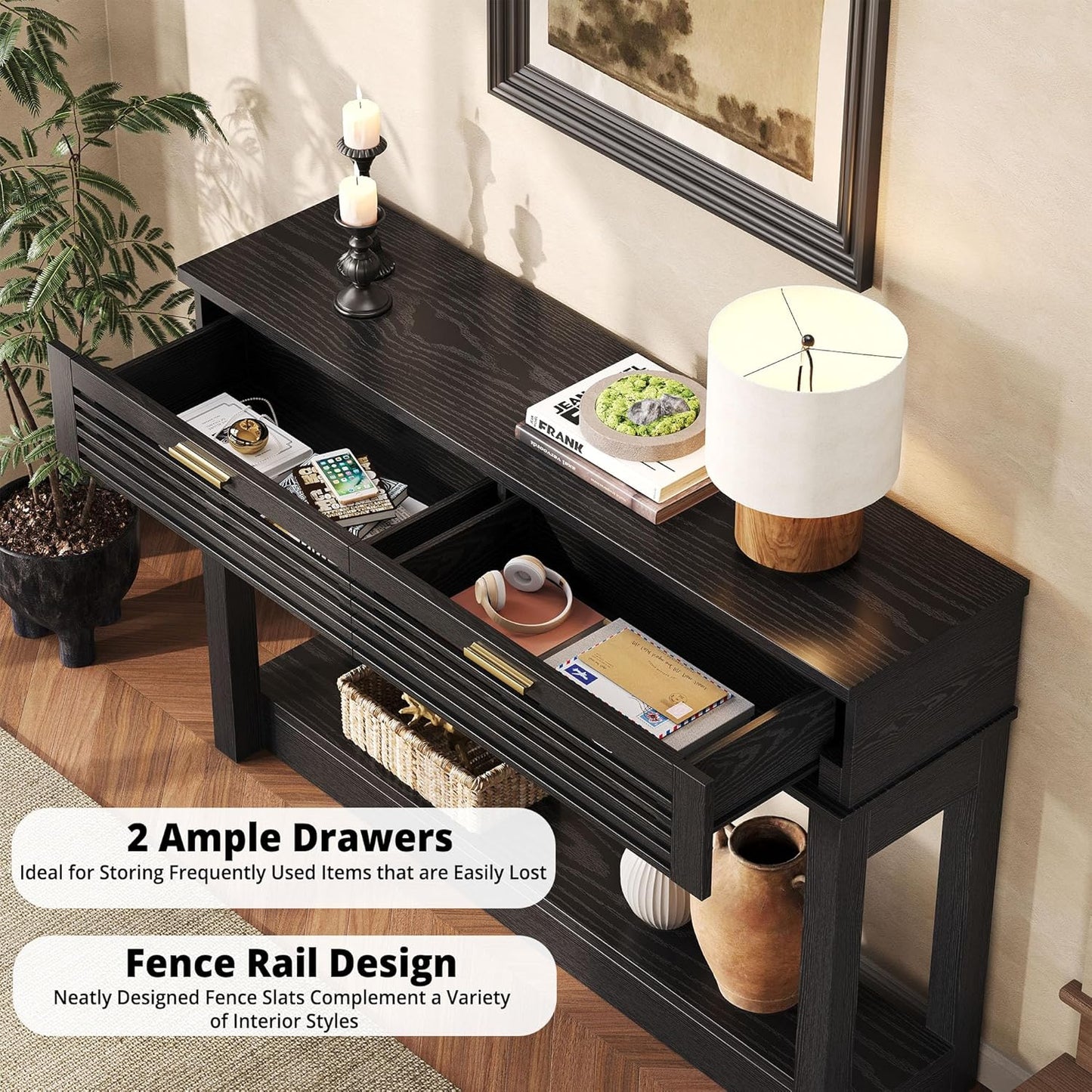 IRONCK Entryway Table, 47" Console Table with Drawer for Living Room, Wooden Sofa Table with Storage, Mid Century Modern, Black