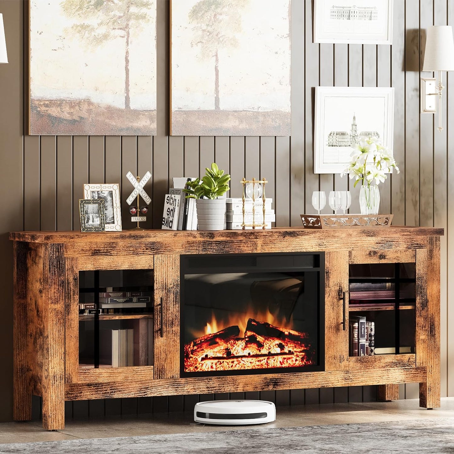 IRONCK 59” TV Stand with 23” Electric Fireplace