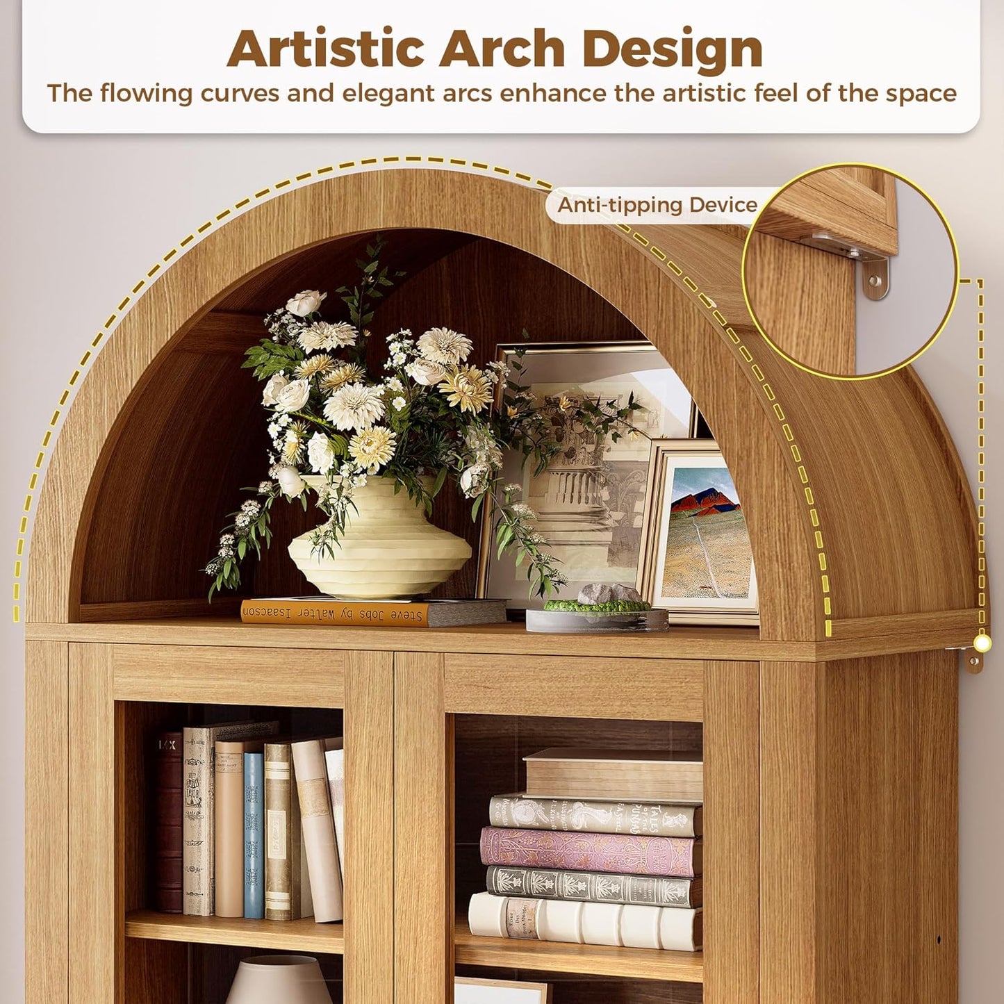 IRONCK 75" Tall 6 Tier Arched Bookshelf with Rattan  Glass Door,  LED