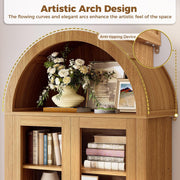 IRONCK 75" Tall 6 Tier Arched Bookshelf with Rattan  Glass Door,  LED