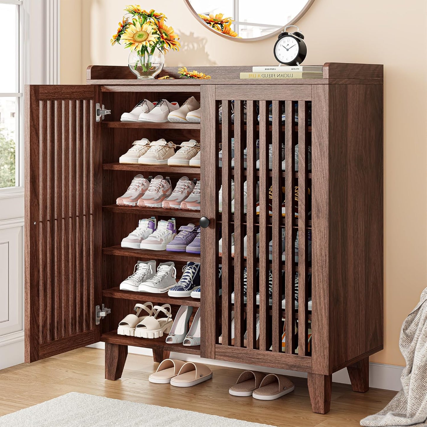 IRONCK 6-Tier Wooden  Shoe Cabinet with Slatted Doors
