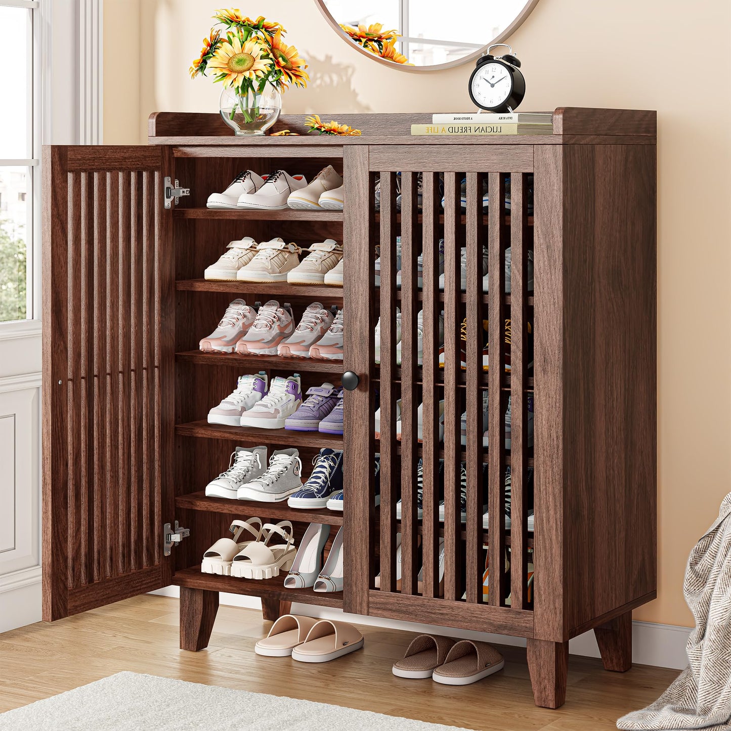 IRONCK 6-Tier Wooden  Shoe Cabinet with Slatted Doors