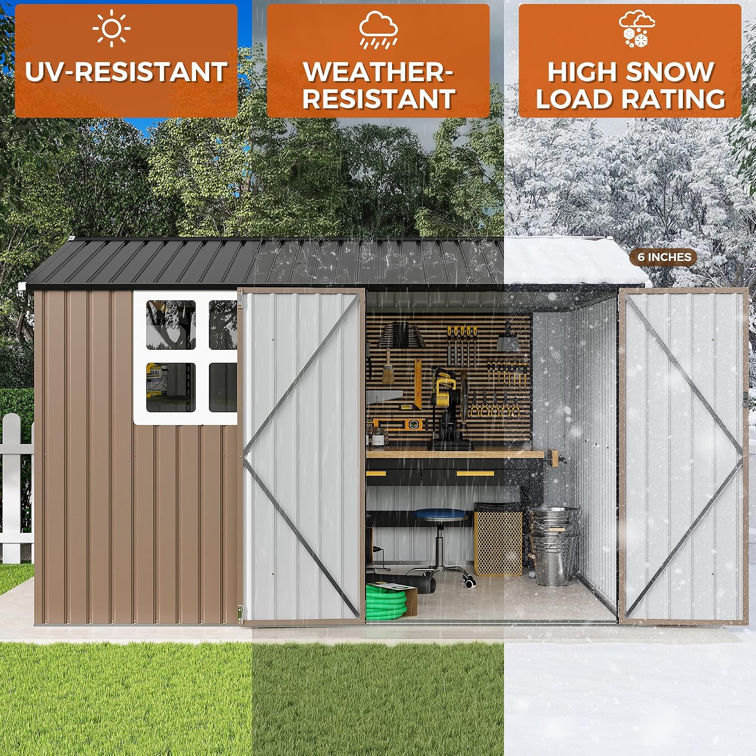 IRONCK 10x8.2FT Outdoor Storage Shed with Clear Window, Tool Shed, Brown Lockable Doors, Breathable Ventilation, 9.5x8 FT Base, Outdoor Shed For Generators/Bikes/Wheelbarrows