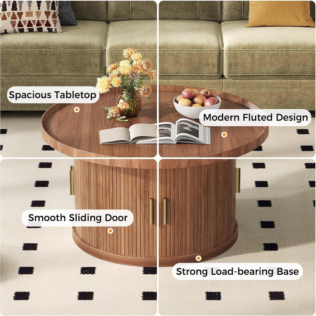 IRONCK 31.5" Round Coffee Table with Storage & Sliding Tambour Door