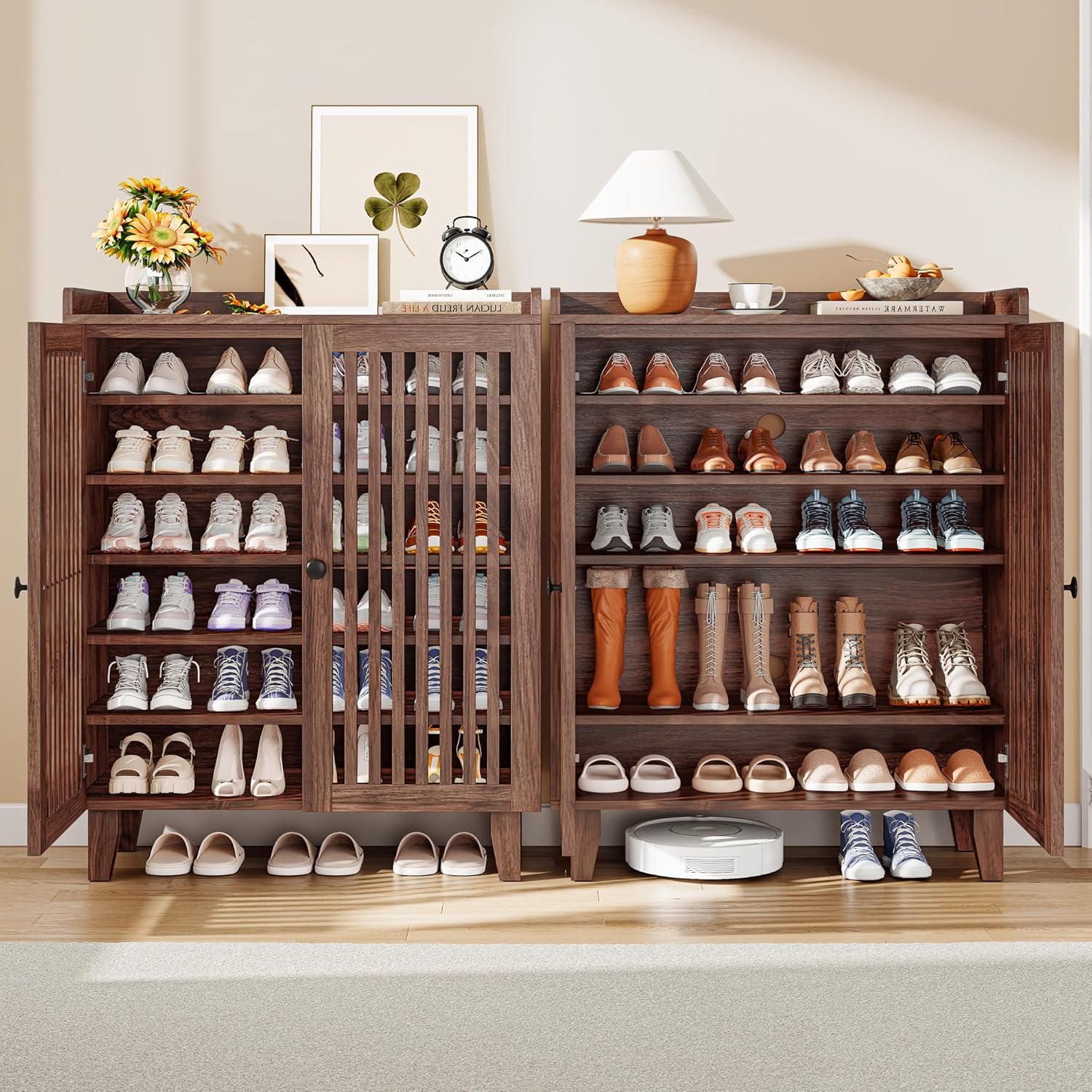 IRONCK 6-Tier Wooden  Shoe Cabinet with Slatted Doors