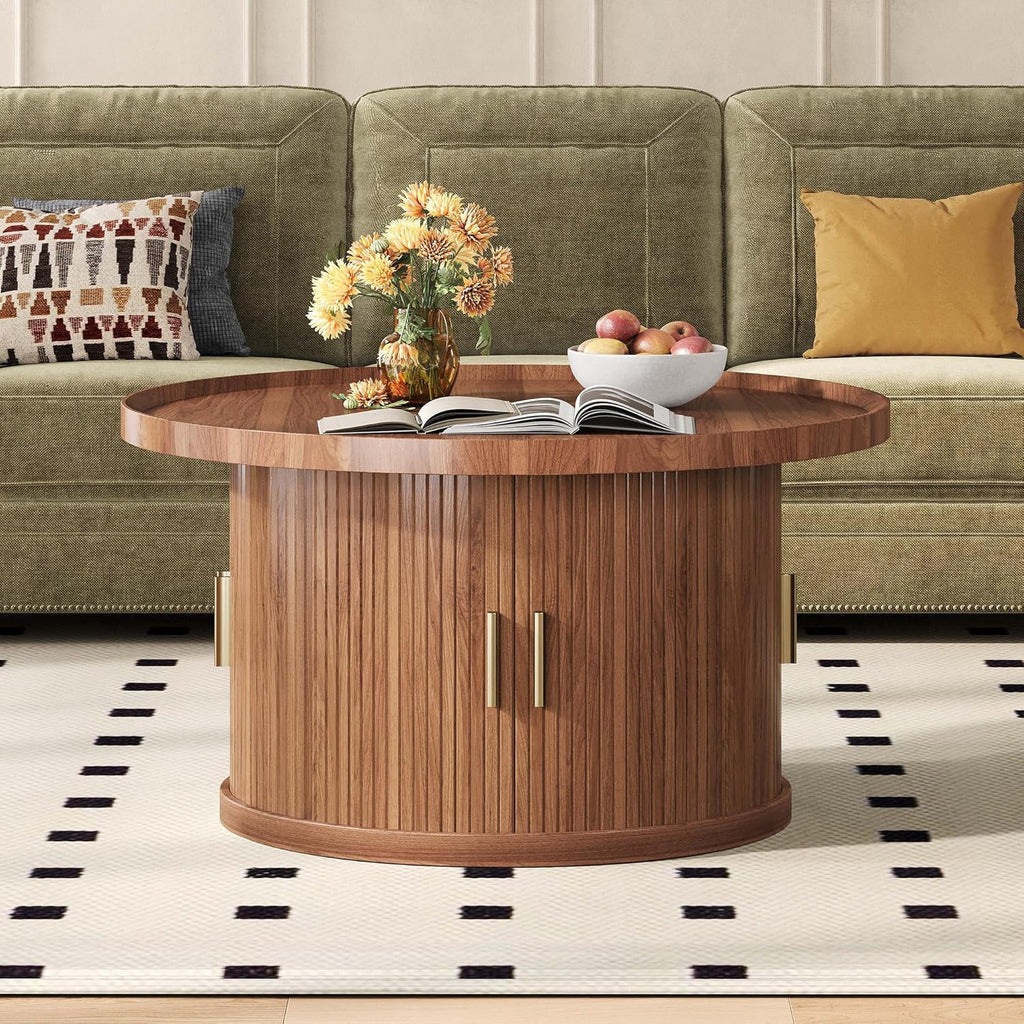 IRONCK 31.5" Round Coffee Table with Storage & Sliding Tambour Door