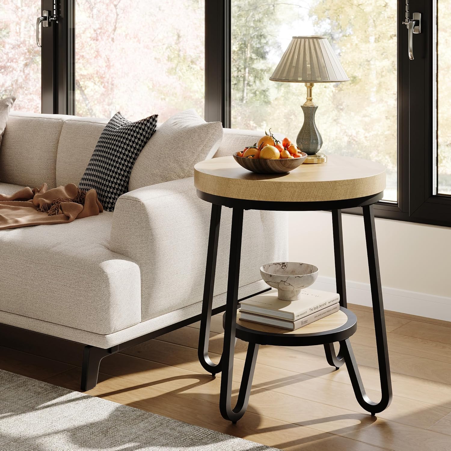 IRONCK 19.7" 2 Tier Round Side Table, Curved Metal Legs, Light Brown