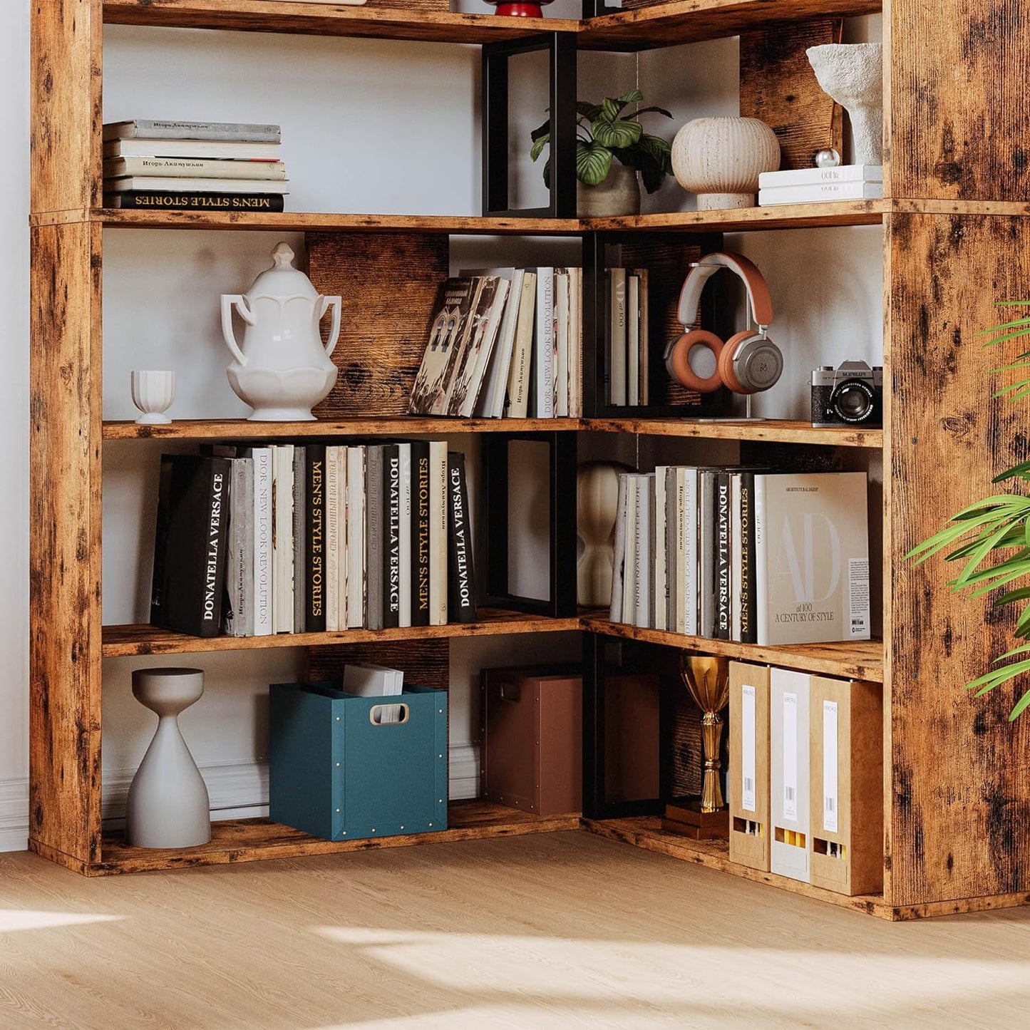 IRONCK Bookshelves 6-Tier with Industrial Large Corner Etagere Shelf Vintage Brown