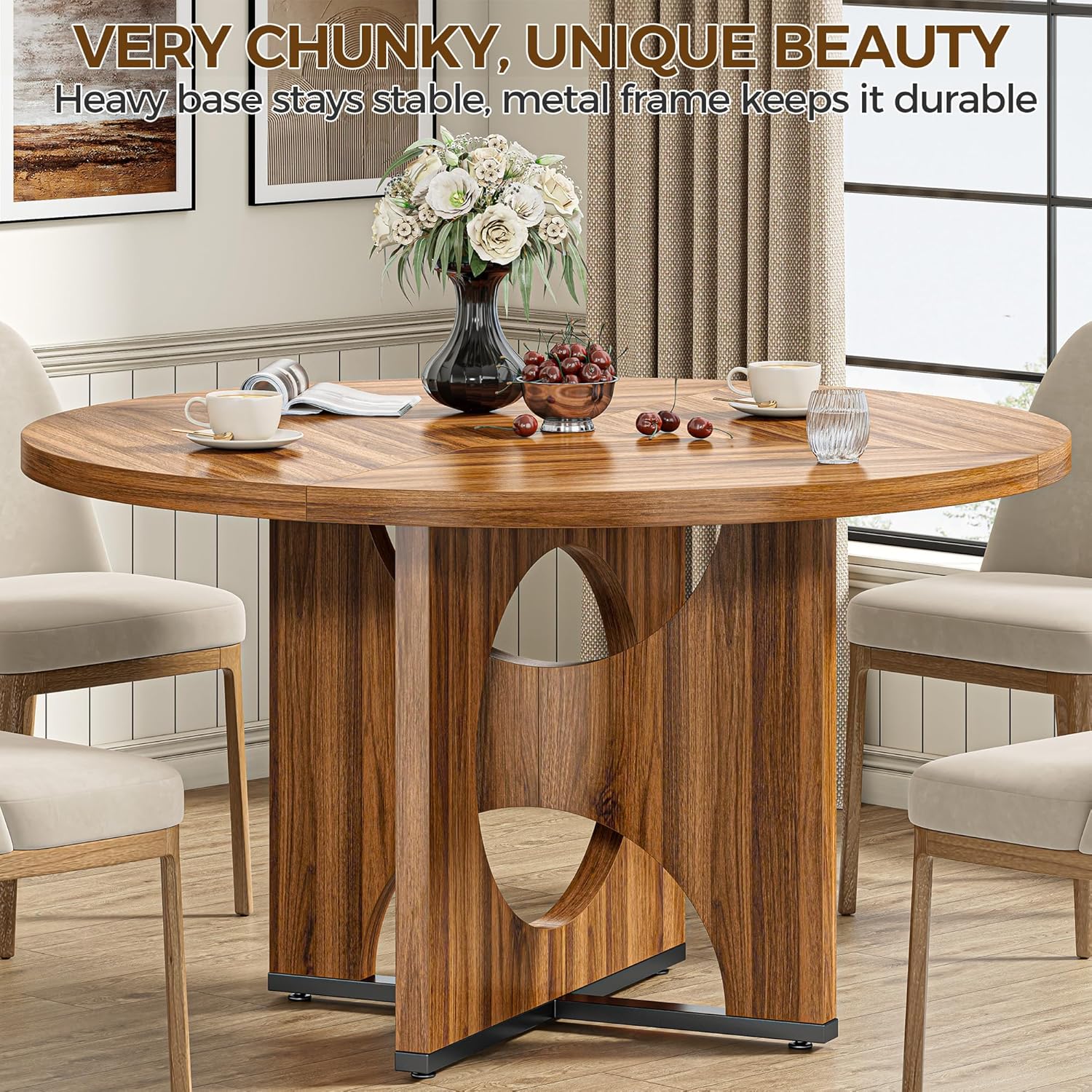 IRONCK 47.2" Wooden Round Dining Table for 4-6 People, Walnut