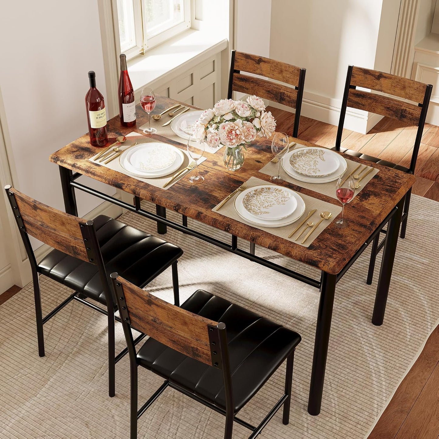 7 Furniture Dining Table Set for 4, Wood Kitchen Table with Upholstered Chairs for Kitchen Room and Small Spaces, Rustic Brown