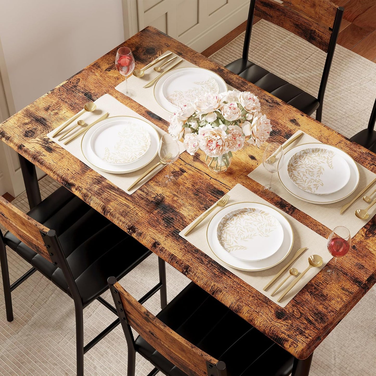7 Furniture Dining Table Set for 4, Wood Kitchen Table with Upholstered Chairs for Kitchen Room and Small Spaces, Rustic Brown